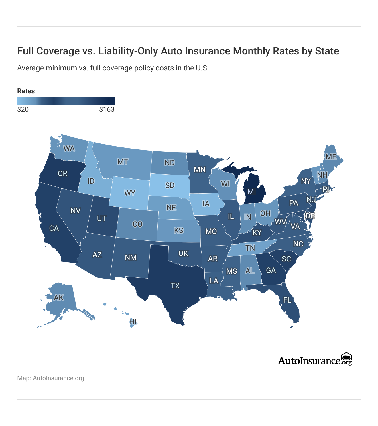 Full Coverage vs. Liability-Only Auto Insurance Monthly Rates by State
