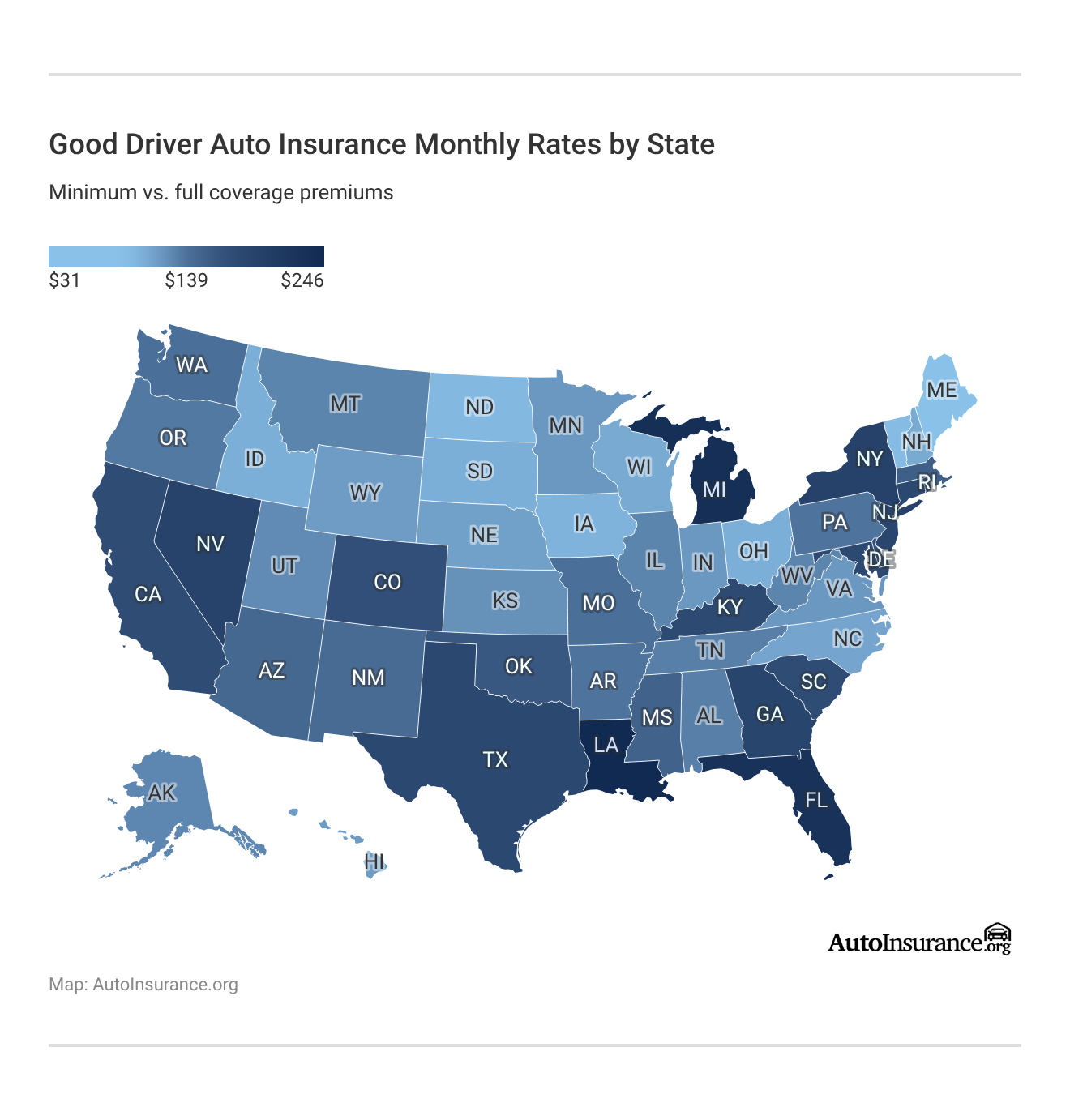 Good Driver Auto Insurance Monthly Rates by State