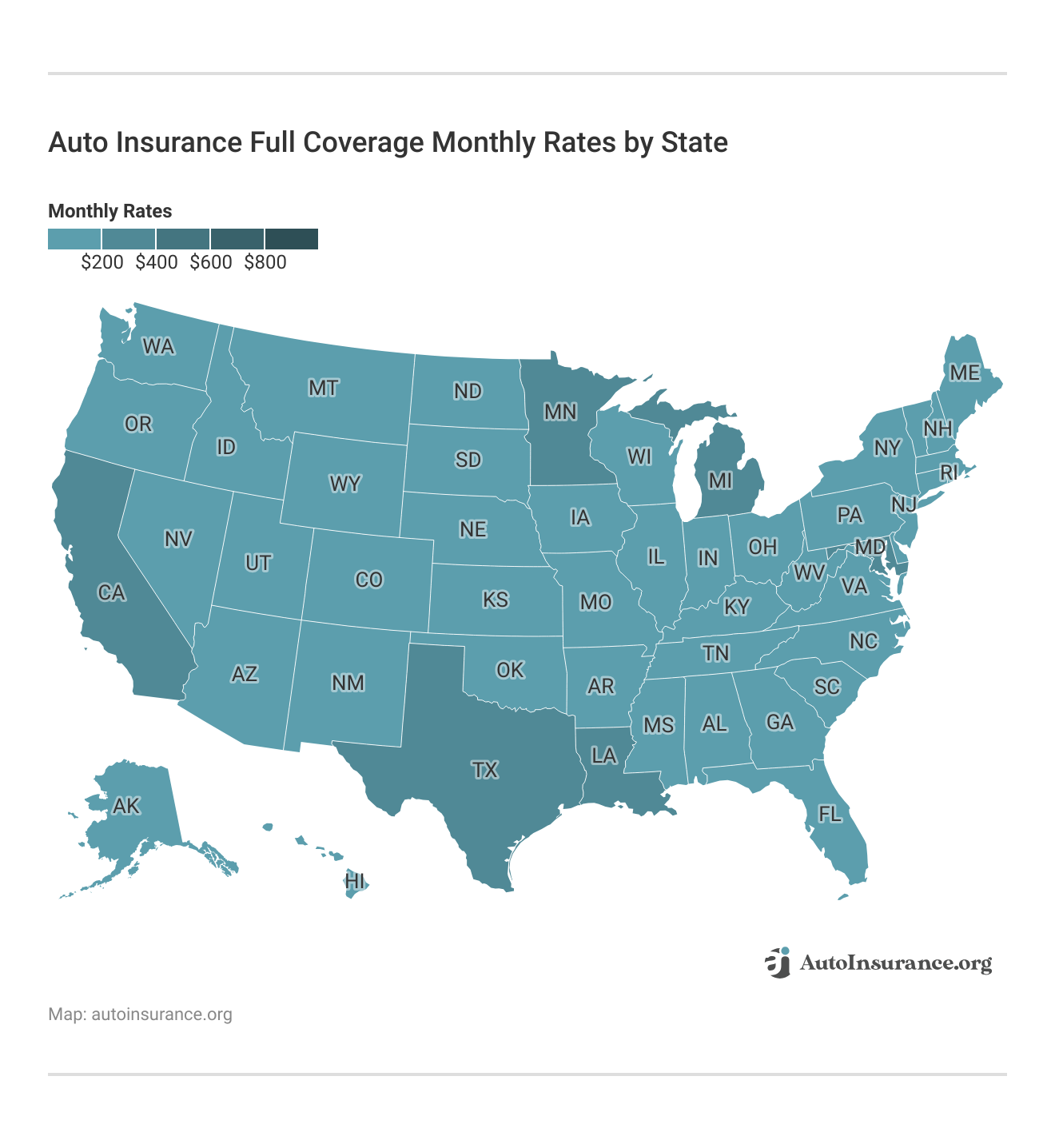 <h3>Auto Insurance Full Coverage Monthly Rates by State</h3>