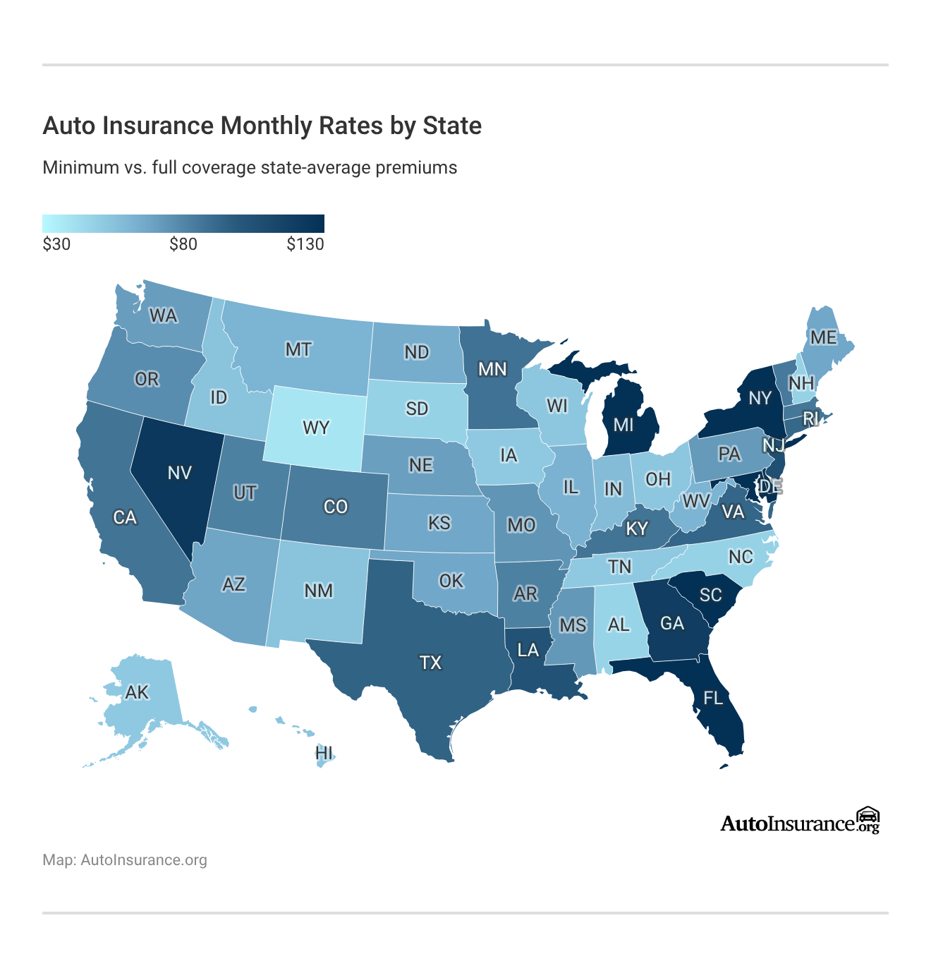 <h3>Auto Insurance Monthly Rates by State</h3> 