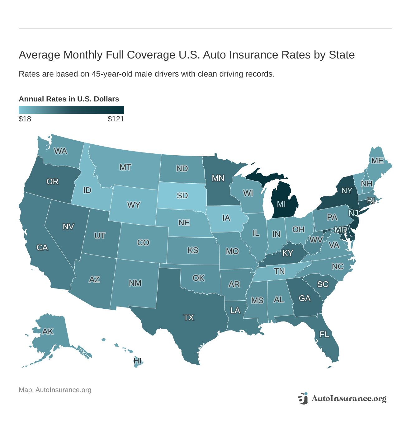 <h3>Average Monthly Full Coverage U.S. Auto Insurance Rates by State</h3>
