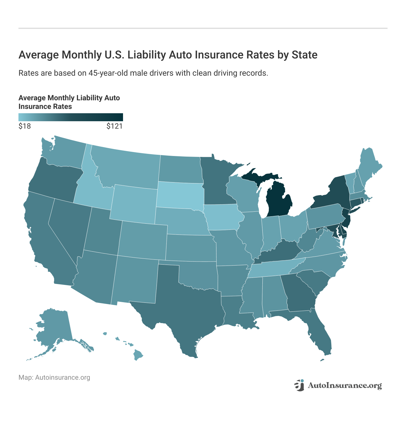 <h3>Average Monthly U.S. Liability Auto Insurance Rates by State</h3>