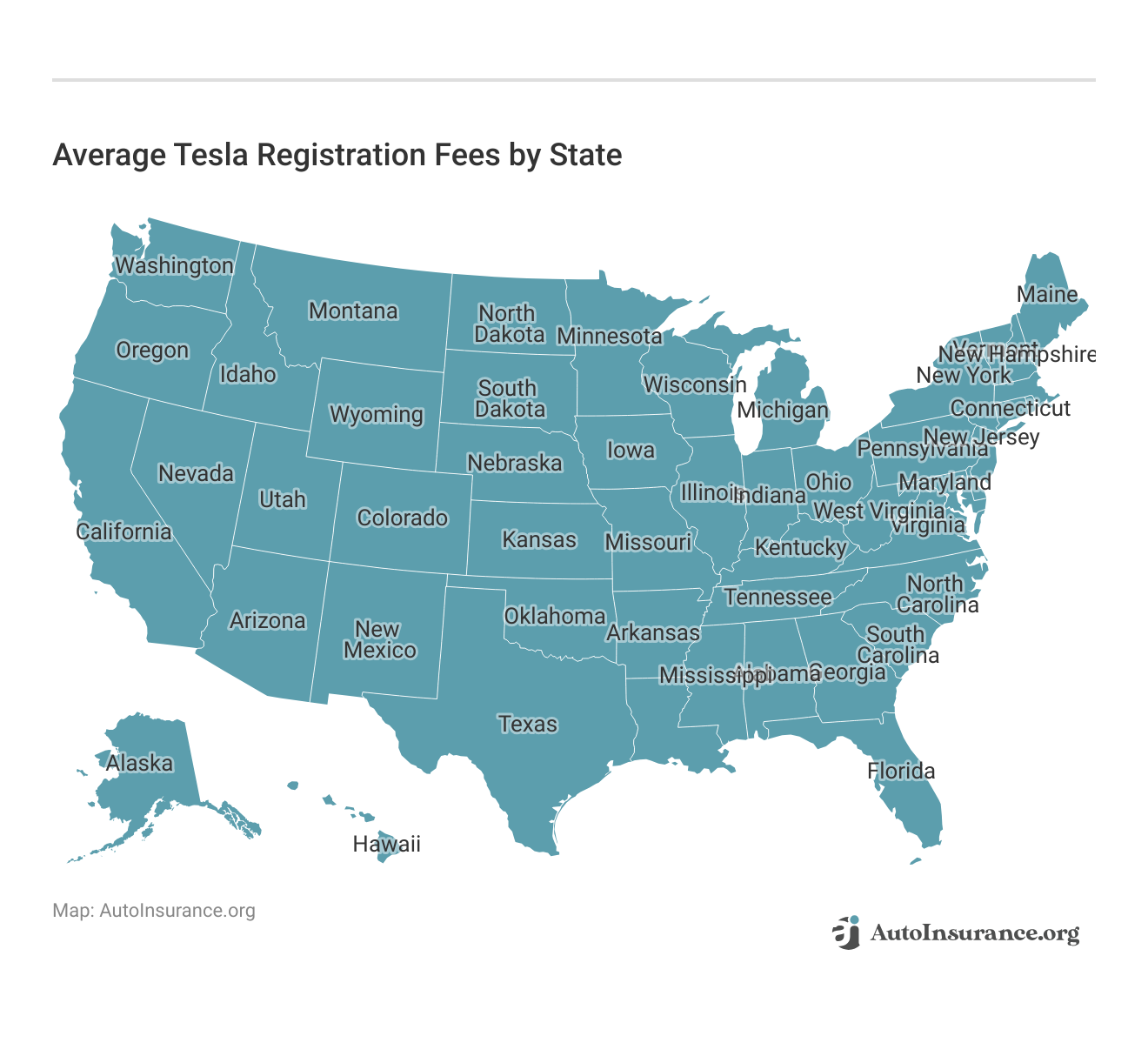 <h3>Average Tesla Registration Fees by State</h3>