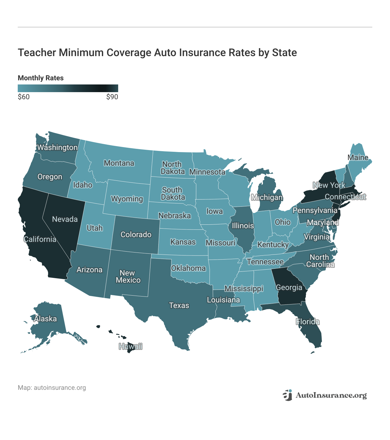 <h3>Teacher Minimum Coverage Auto Insurance Rates by State</h3>