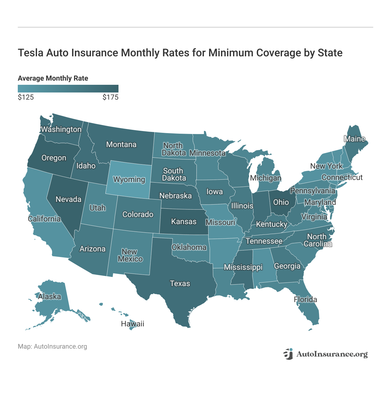 <h3>Tesla Auto Insurance Monthly Rates for Minimum Coverage by State</h3>
