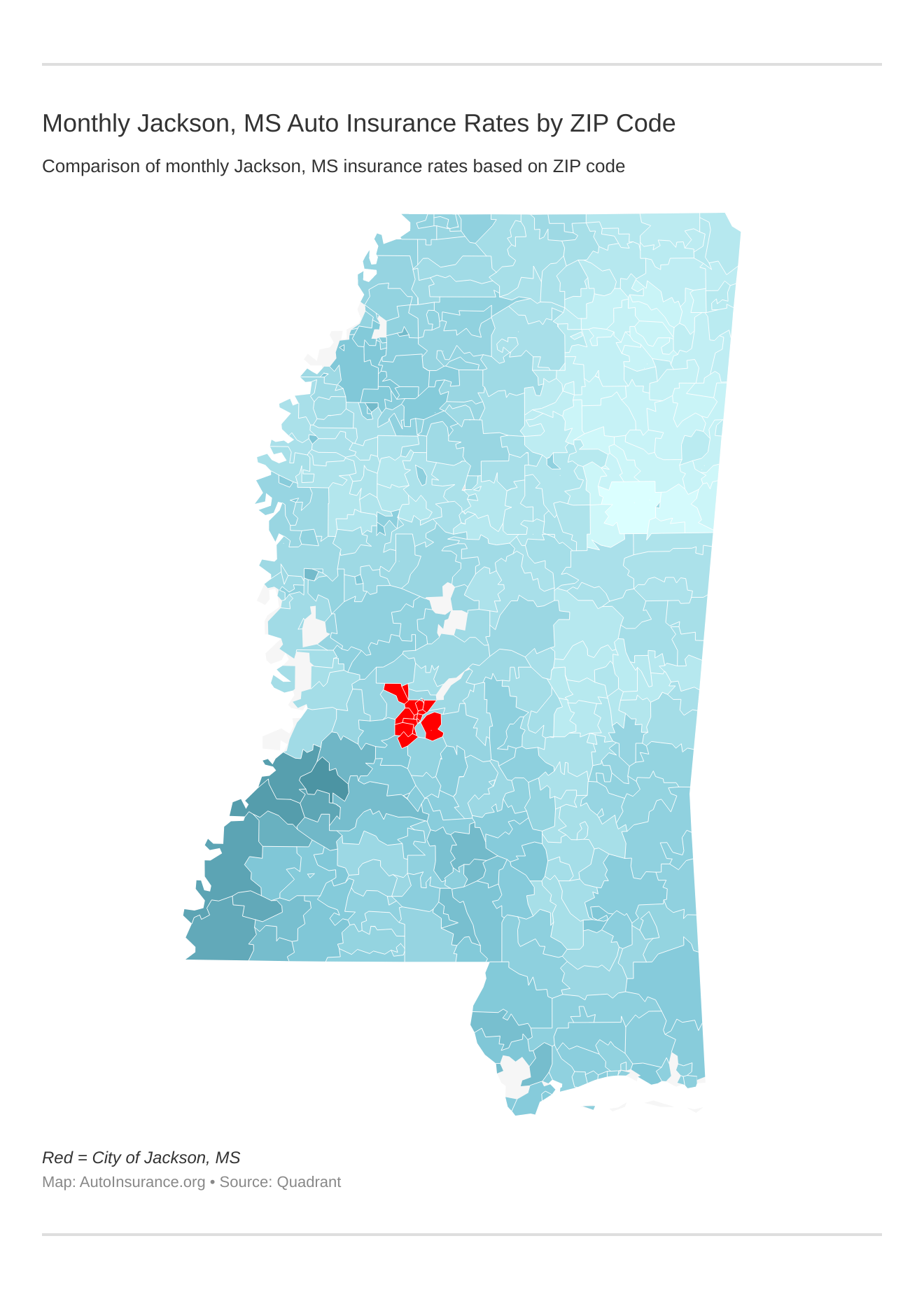 Monthly Jackson, MS Auto Insurance Rates by ZIP Code