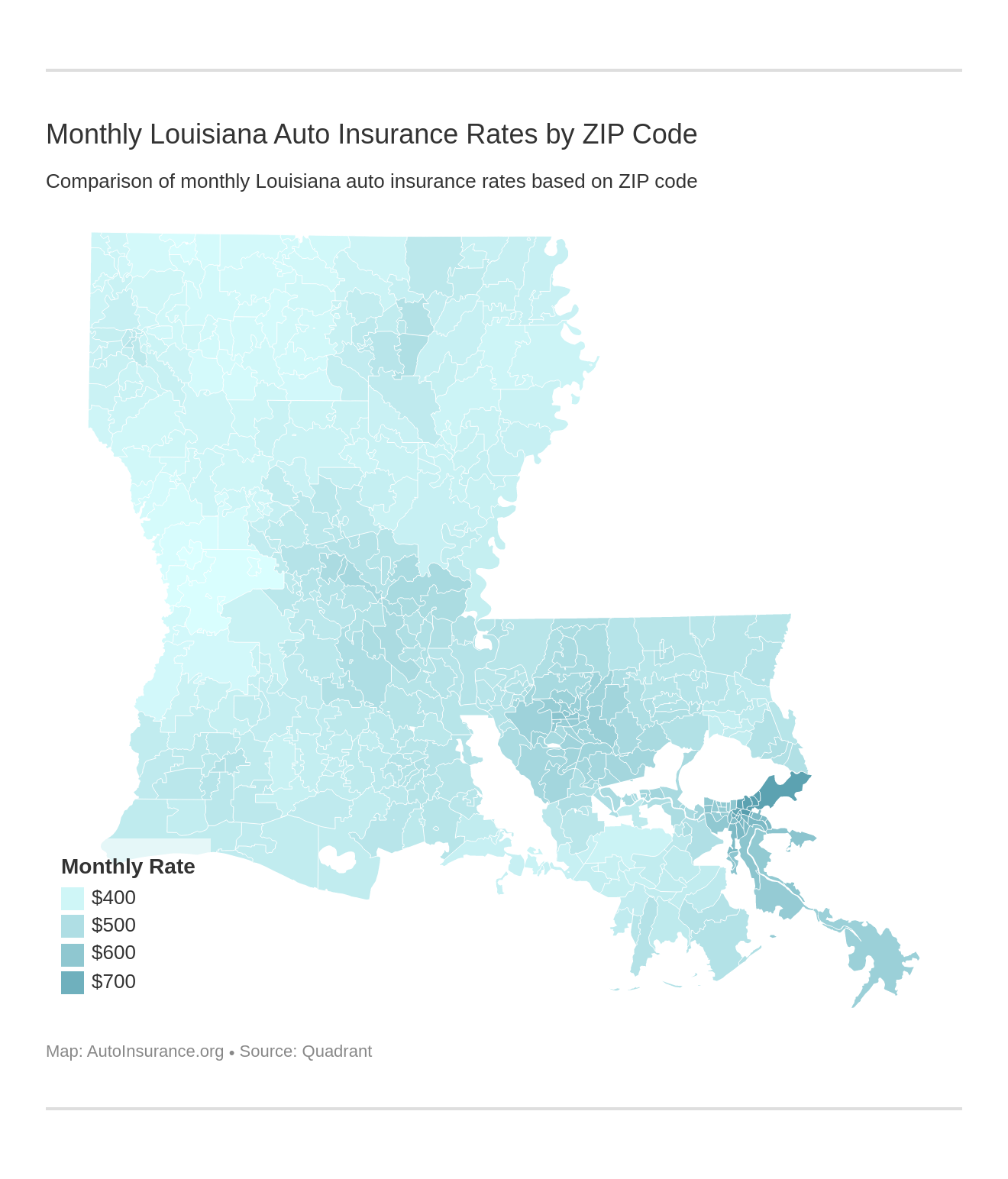 Monthly Louisiana Auto Insurance Rates by ZIP Code