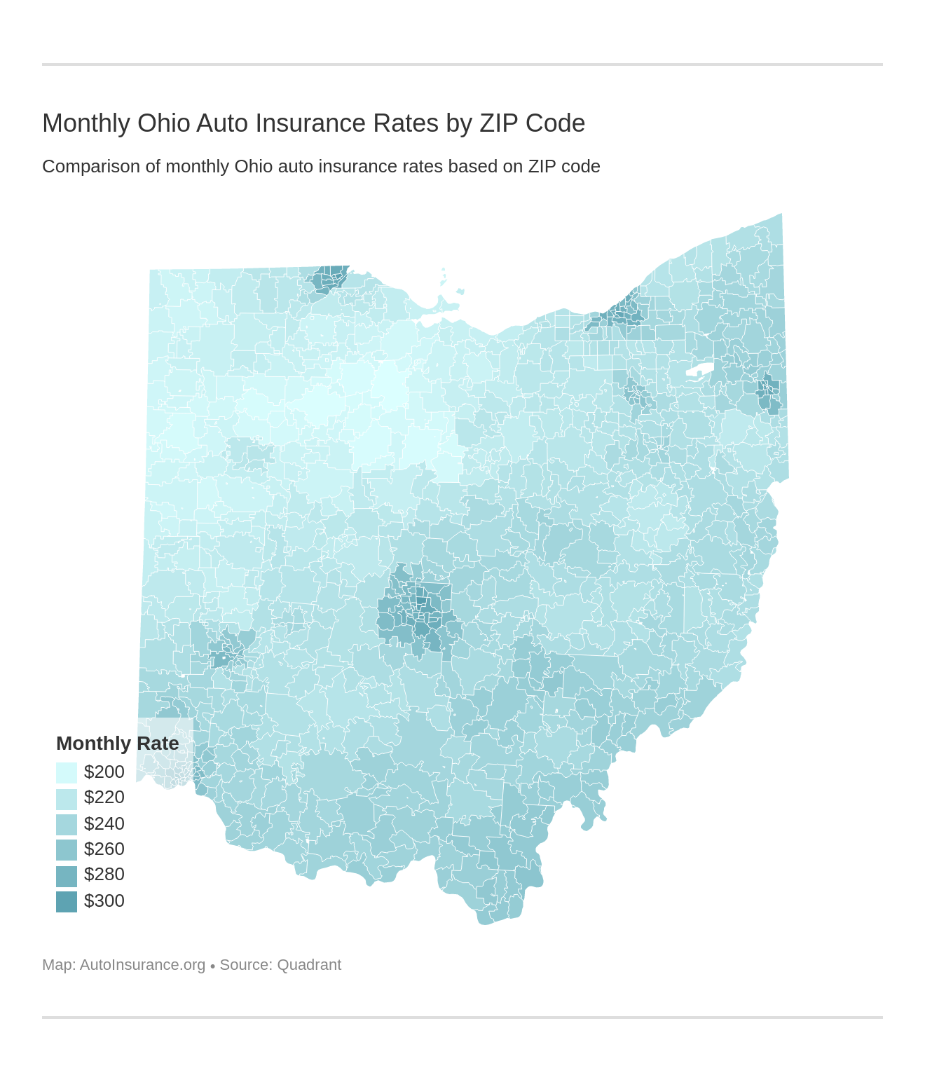 Monthly Ohio Auto Insurance Rates by ZIP Code