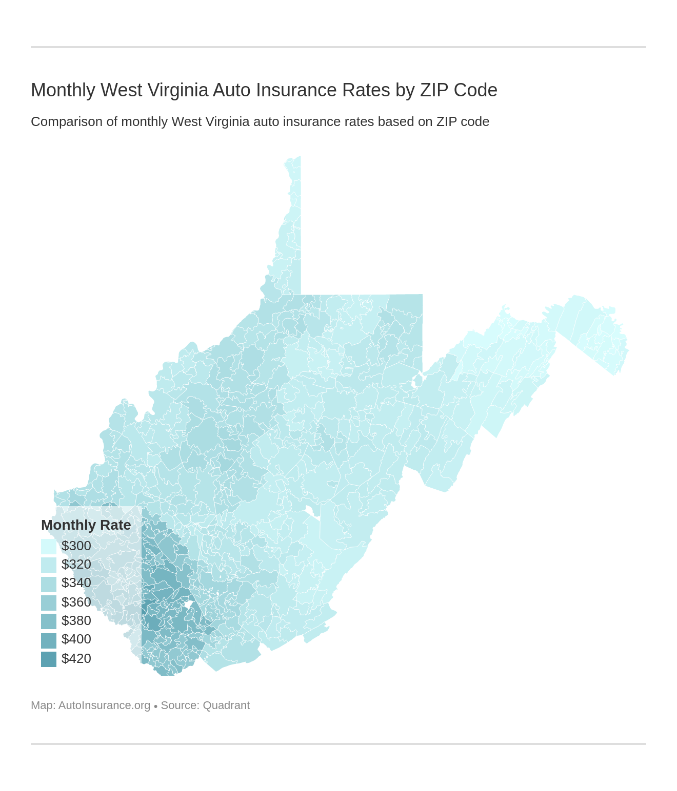 Monthly West Virginia Auto Insurance Rates by ZIP Code